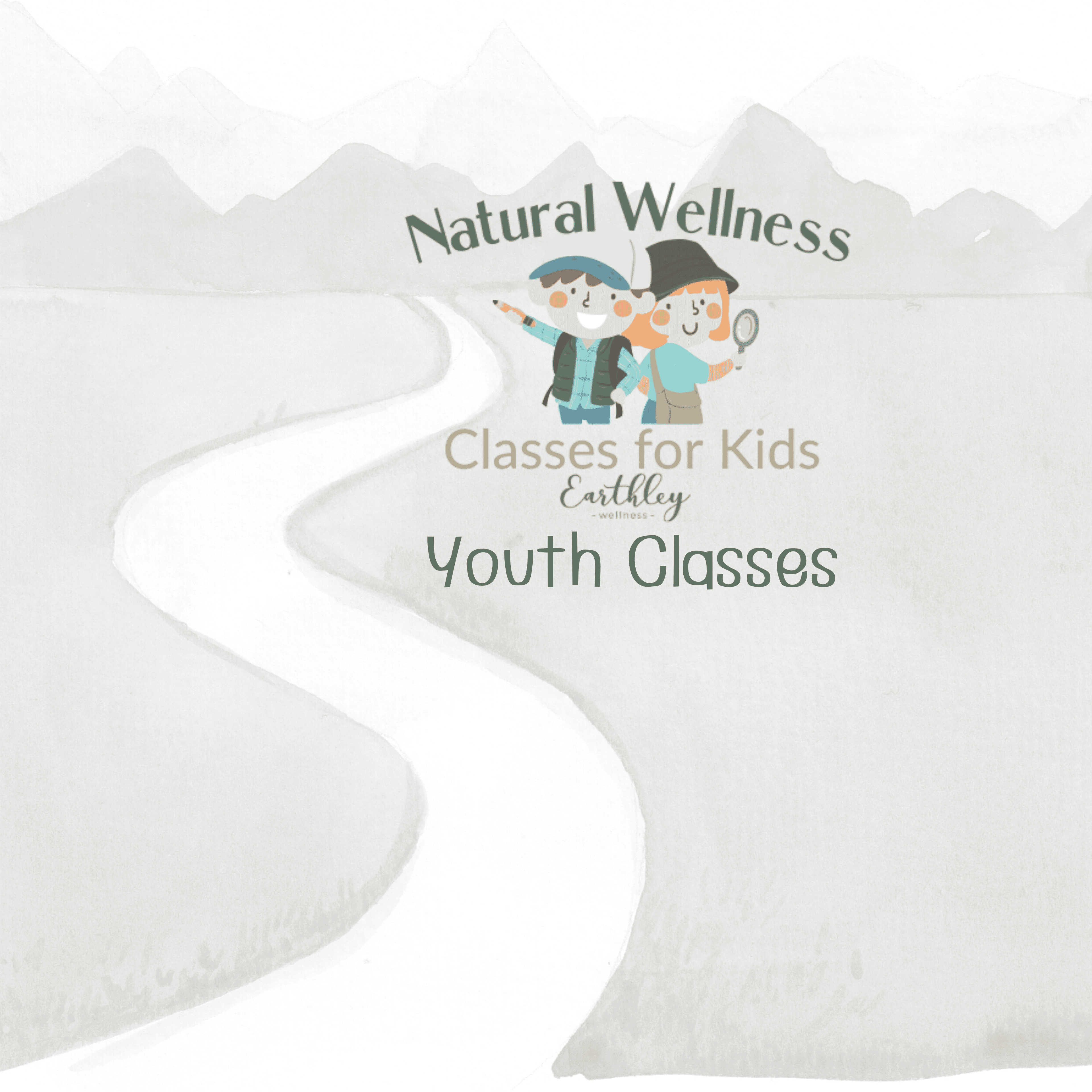 Earthley Natural Wellness Classes for Kids Youth Classes cover with illustrated boy and girl characters with gray mountains and winding white path