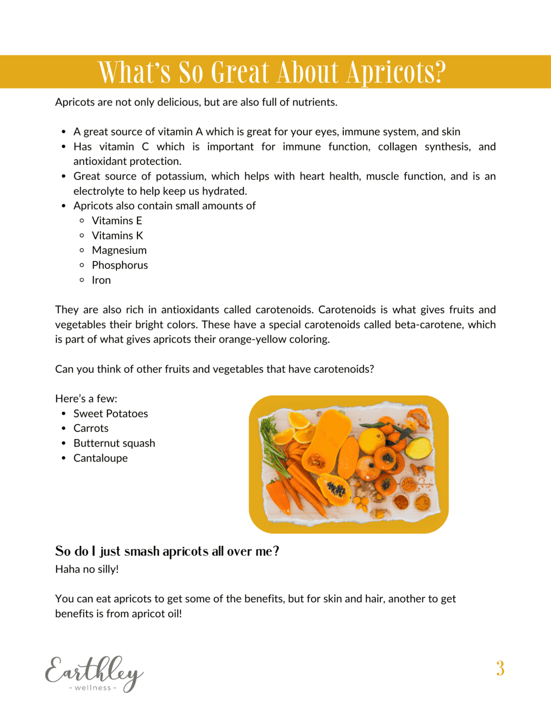 Page from Apricot Oil Mini Guide explaining health benefits of apricots with photo of orange fruits and vegetables on cutting board with Earthley logo