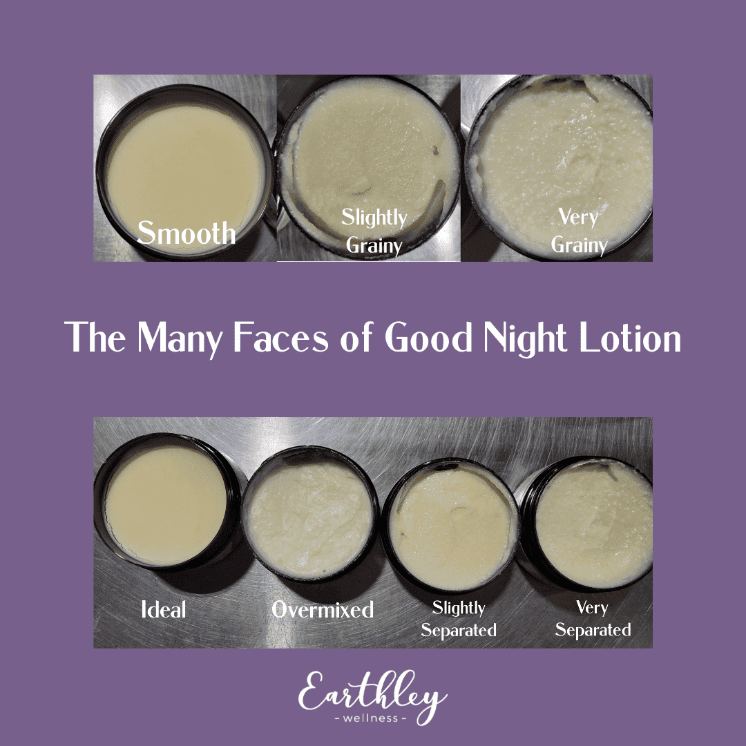 The Many Faces of Good Night Lotion infographic on purple background showing six open jars with cream and beige lotion textures ranging from smooth to grainy to separated with Earthley logo