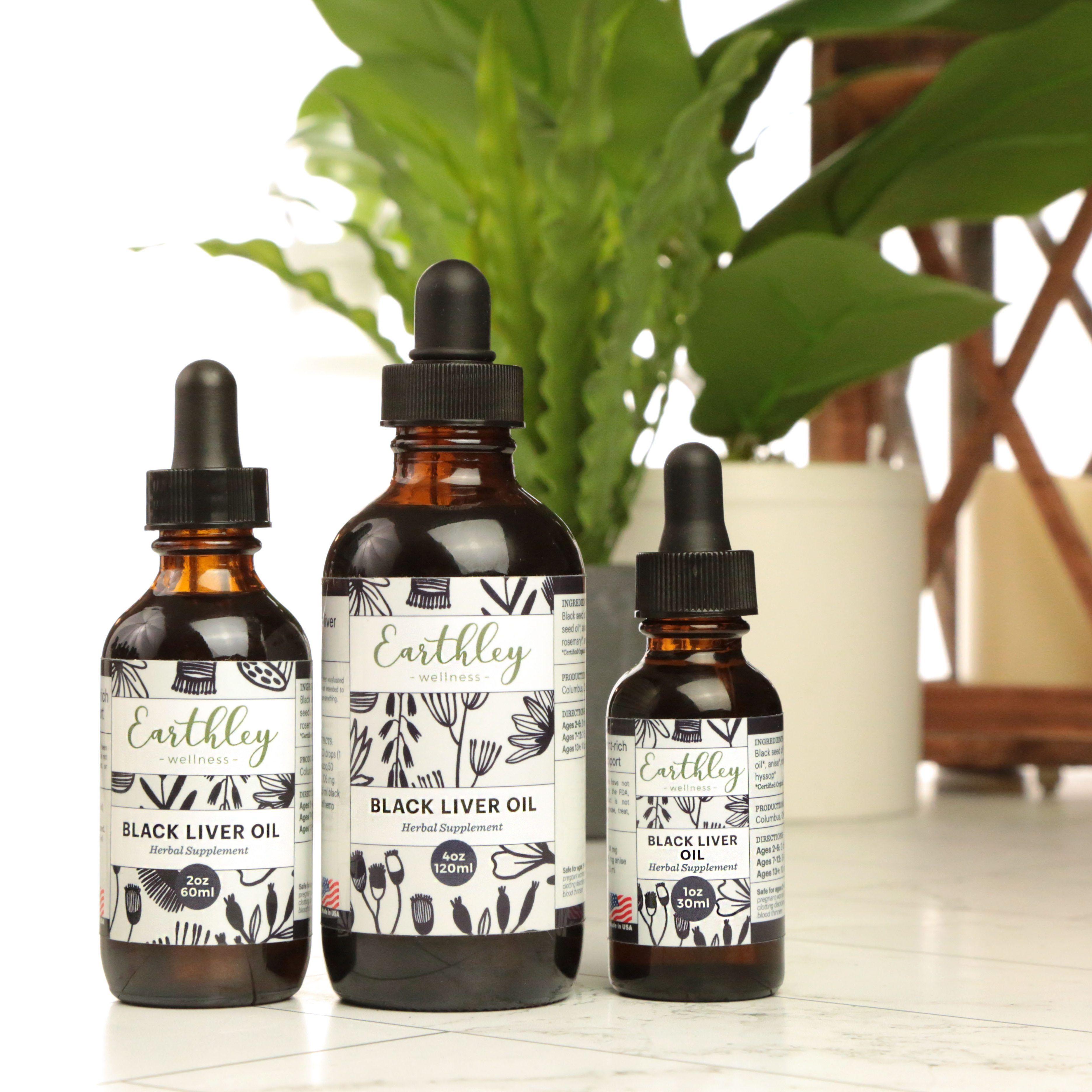 Earthley Black Liver Oil traditional supplement in amber bottle for liver support
