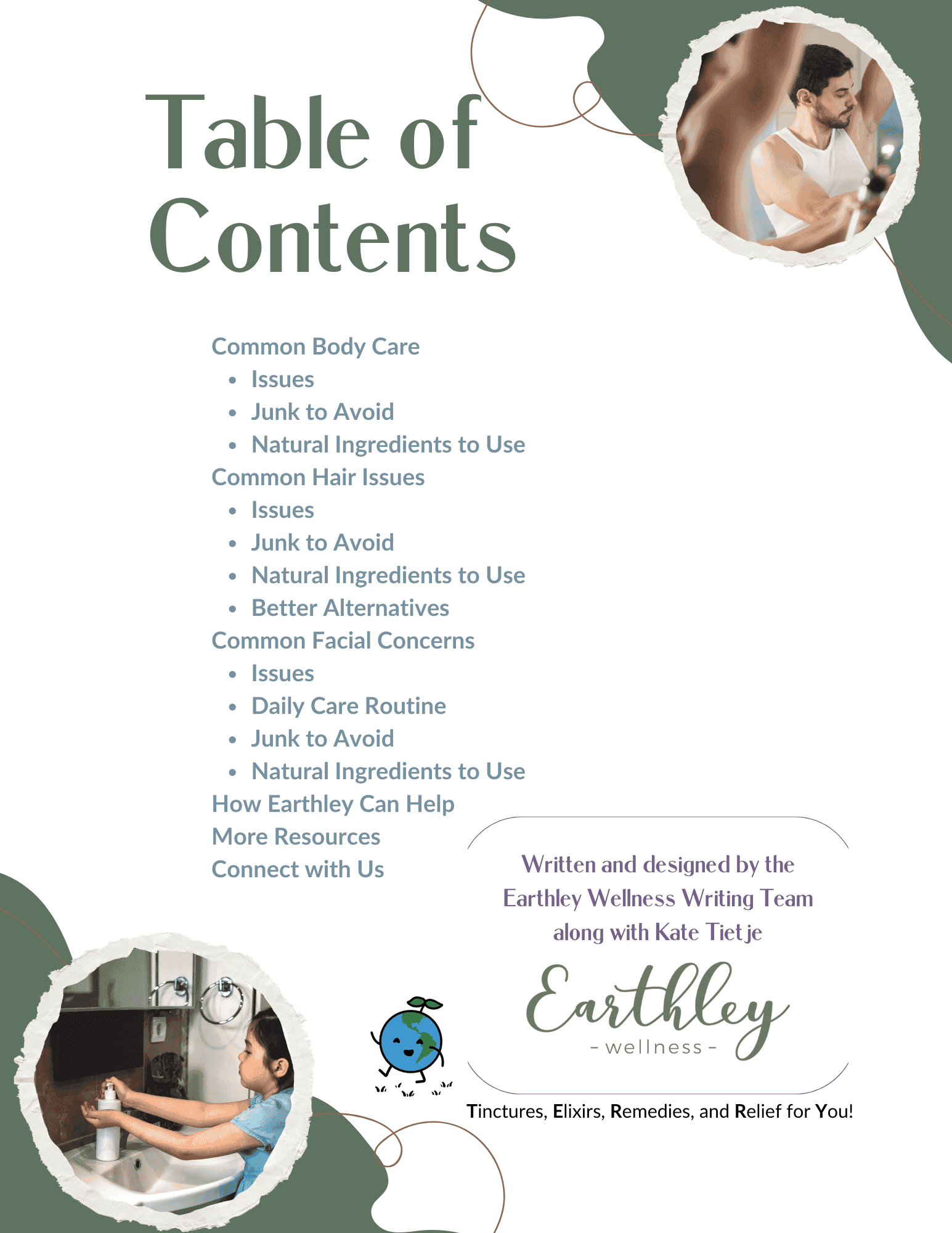 Body Care guide table of contents page with white background sage green decorative shapes photos of dark-haired woman applying cream and blue bubble icons listing skincare sections