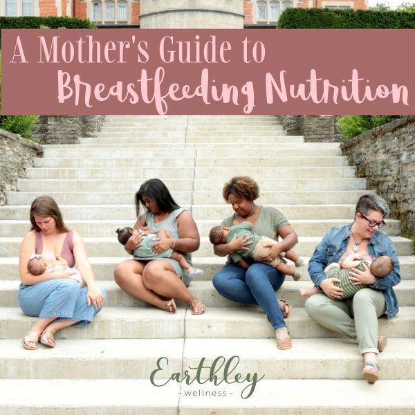 A Mother's Guide to Breastfeeding Nutrition cover featuring four mothers nursing infants while seated on stone steps outdoors with Earthley Wellness branding