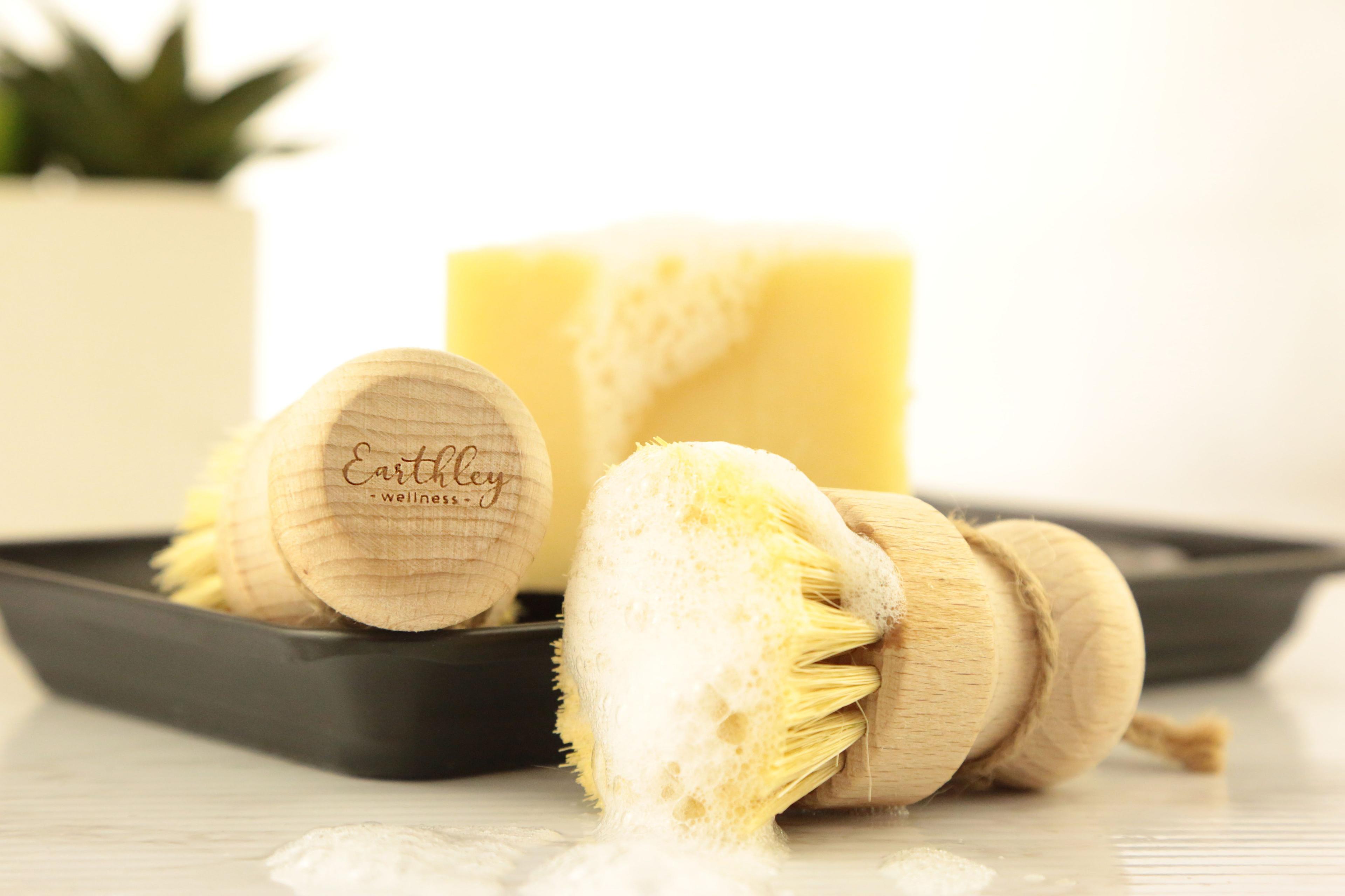 Two Earthley wooden dish brushes with natural bristles and soap suds showing brand logo
