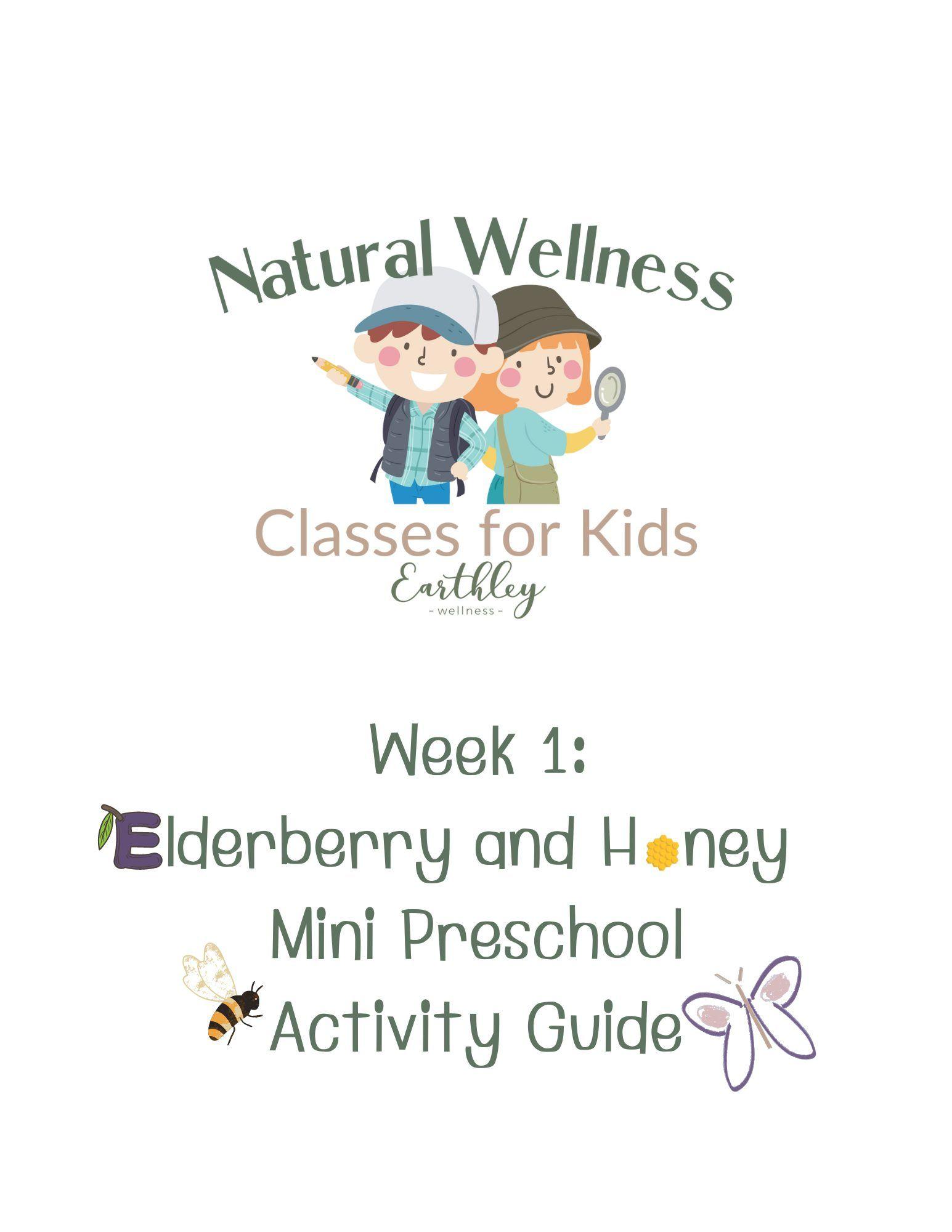 Earthley Elderberry and Honey Mini Activity Guide for Preschoolers cover with dark purple elderberries and golden honey on cream background