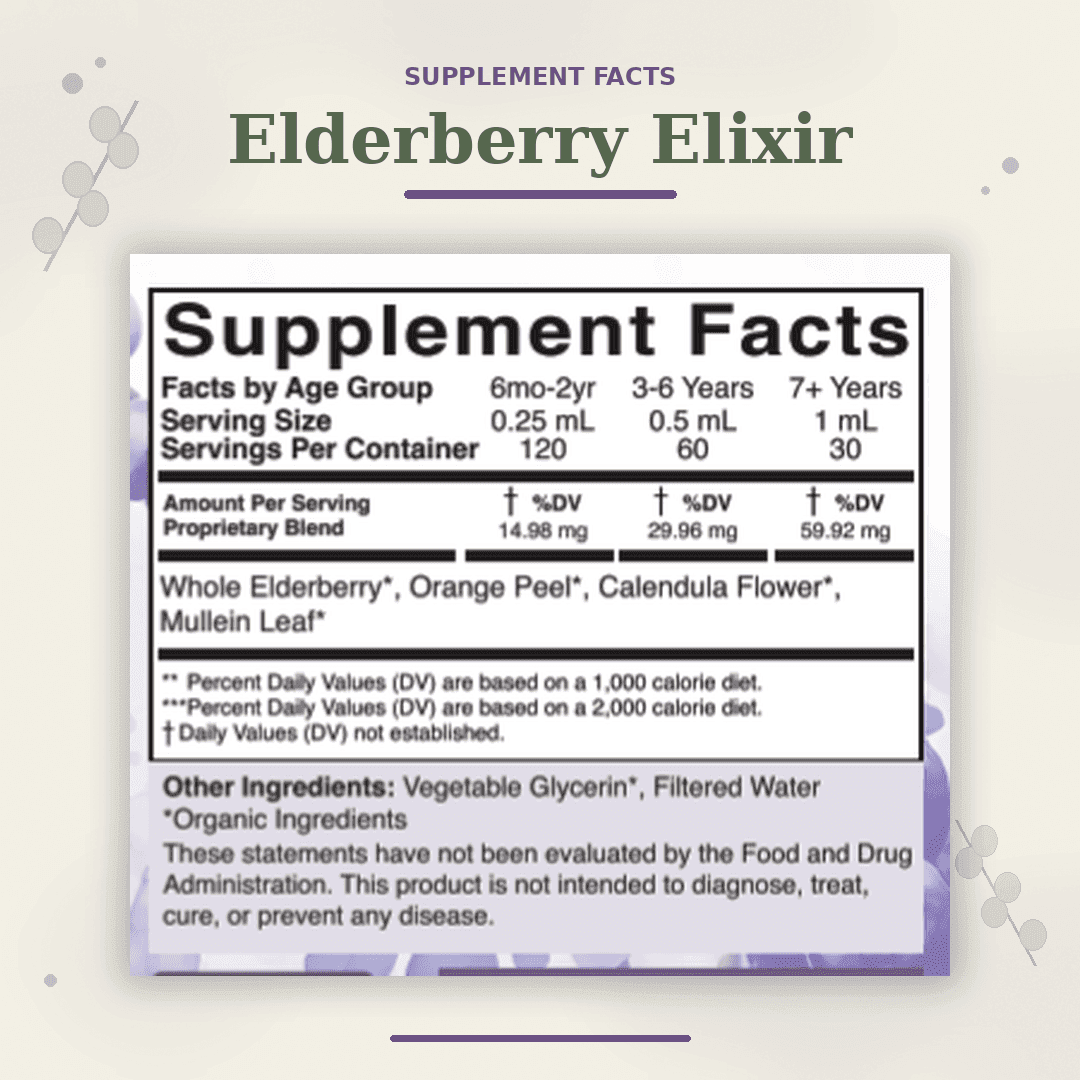Elderberry Elixir supplement facts label showing age-based serving sizes and organic ingredients.