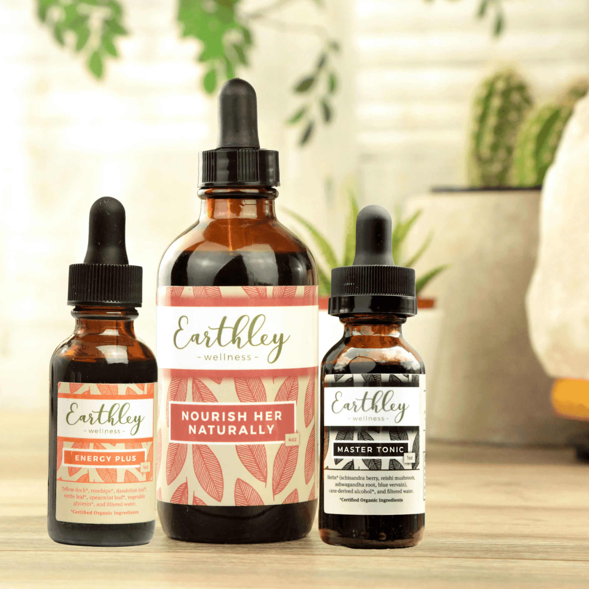 Three Earthley tincture bottles showing Energy Plus, Nourish Her Naturally, and Master Tonic on wooden surface with plants in background