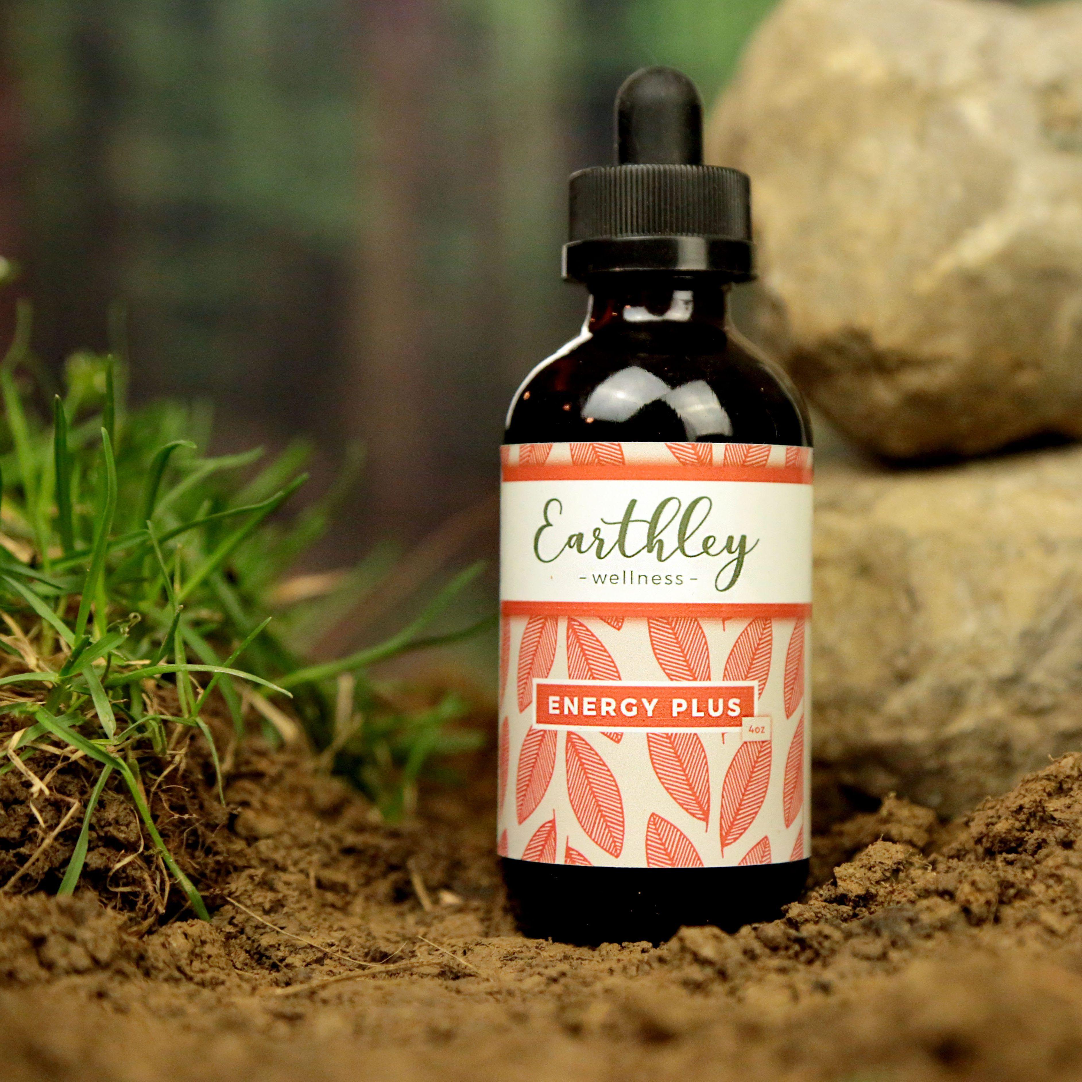 Earthley Energy Plus herbal iron supplement amber dropper bottle with orange label for natural energy and iron support