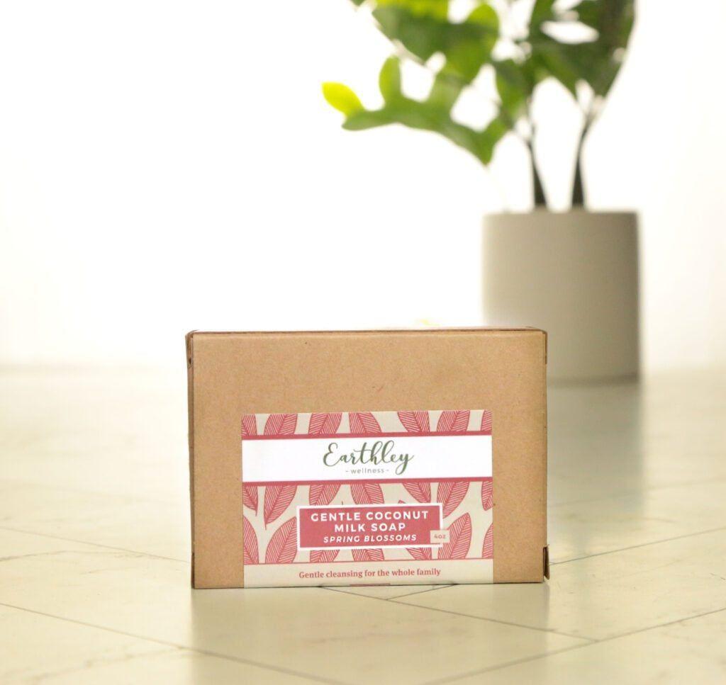 Gentle Coconut Milk Soap Spring Blossoms in kraft box with pink leaf pattern label