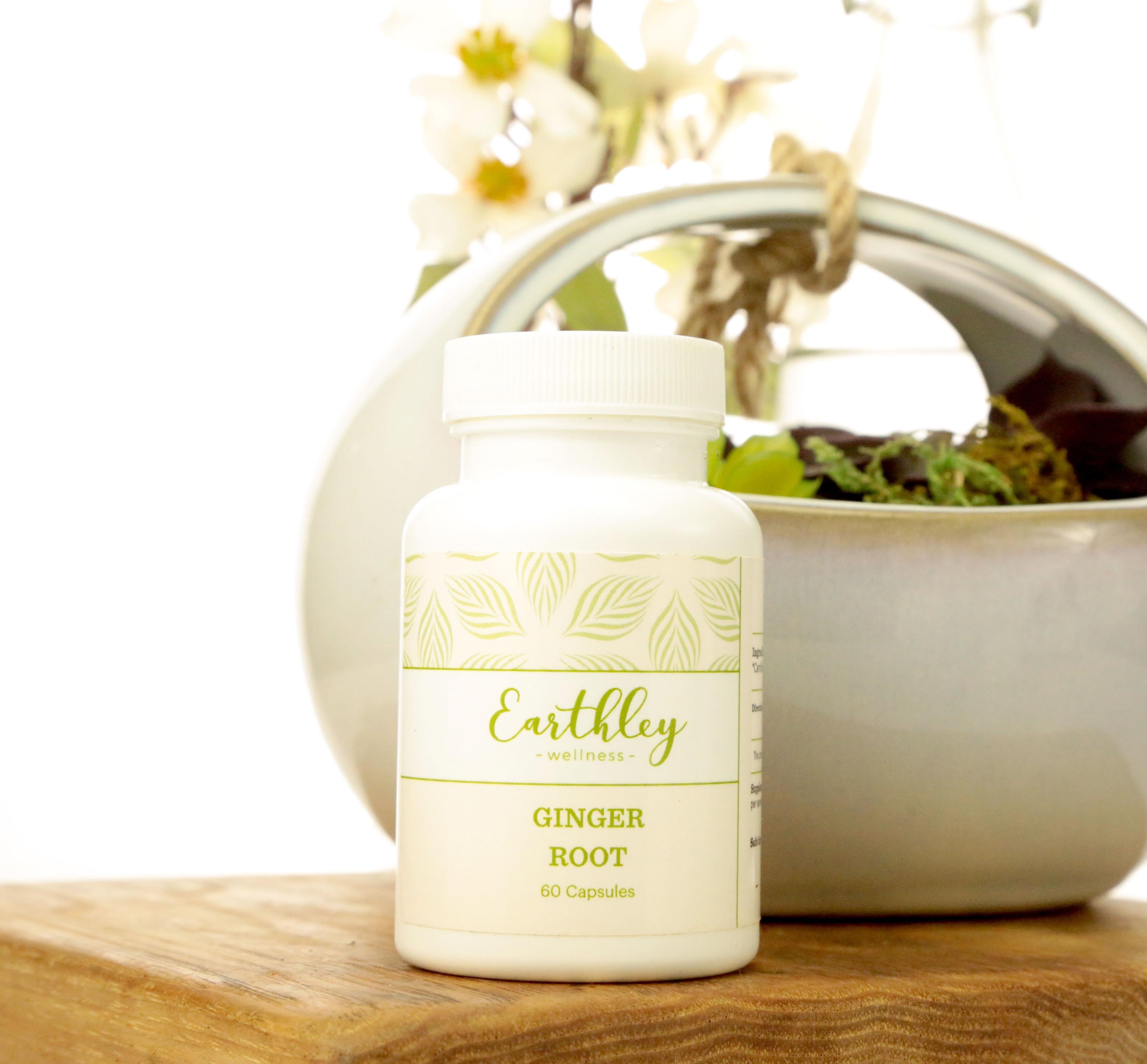 Earthley Ginger Root supplement featuring amber bottle photograph