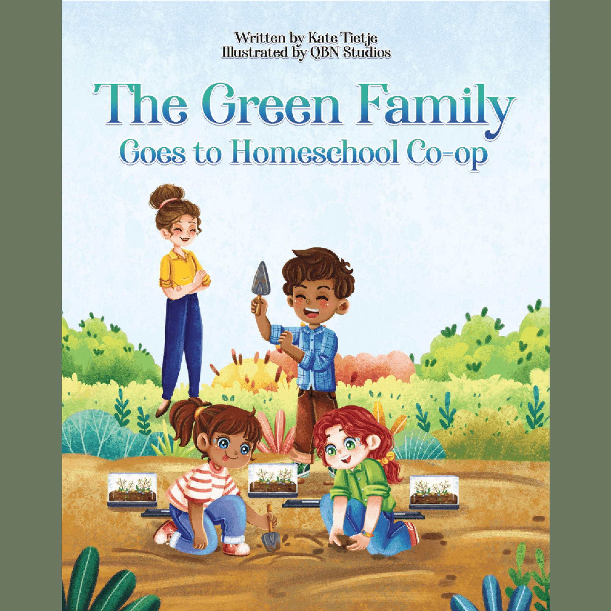 Children's book cover showing four kids gardening together with seedling trays in a colorful outdoor garden setting