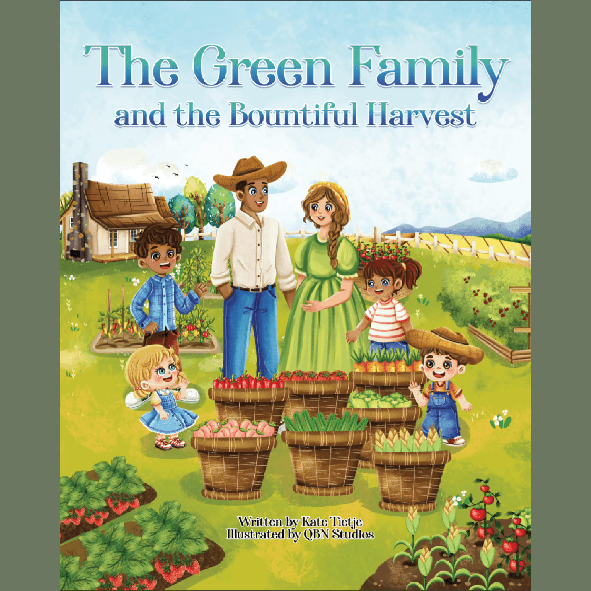 Children's book cover showing farming family with harvest baskets of fresh vegetables and fruits on green farmland