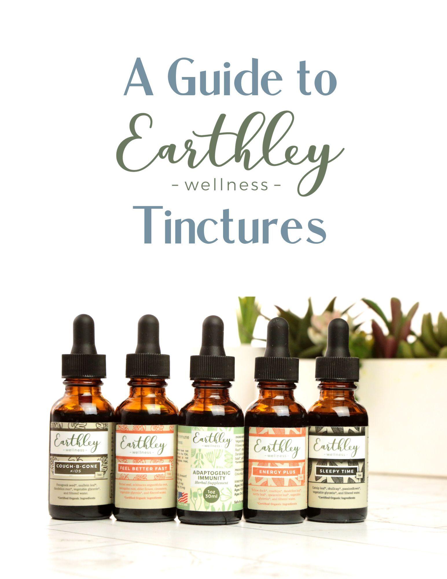 Cover of A Guide to Earthley Wellness Tinctures showing five amber dropper bottles including Cough-B-Gone Kids, Feel Better Fast, Adaptogenic Immunity, Energy Plus, and Sleepy Time with green plant in background