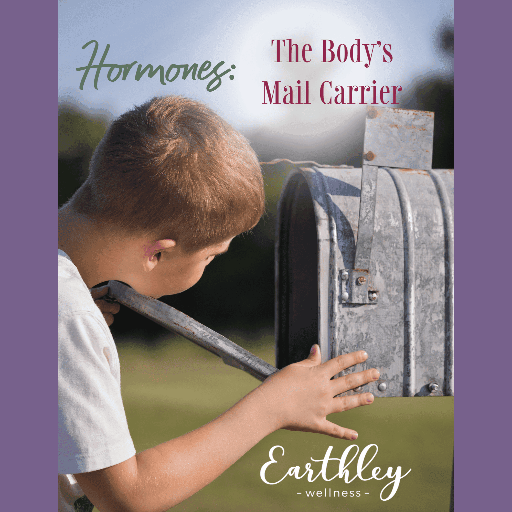 Hormones The Bodys Mail Carrier guide cover showing young boy with short brown hair reaching into red metal mailbox on sunny day with green grass background and Earthley Wellness logo