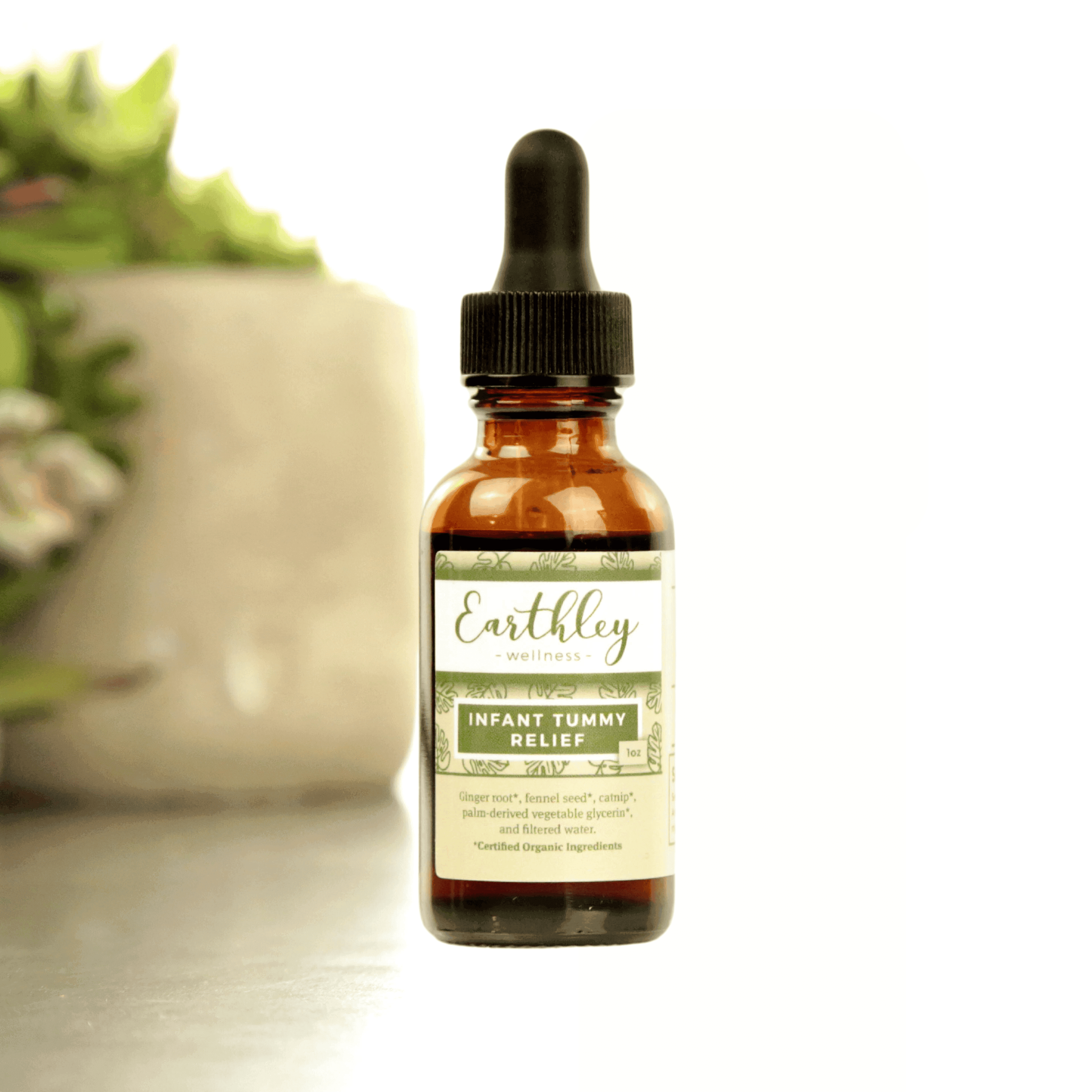 Earthley Infant Tummy Relief tincture bottle with green monstera pattern label and plant background