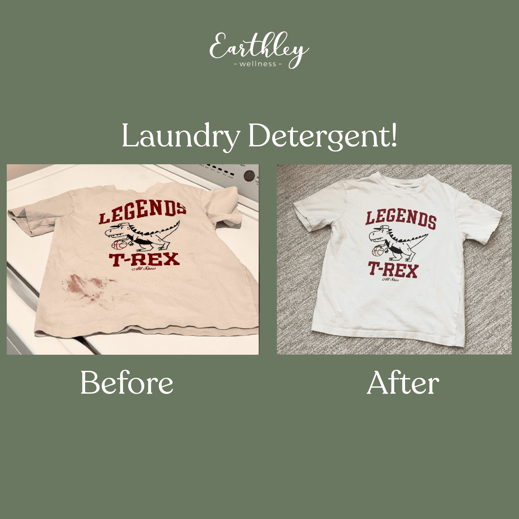 Before and after comparison showing stained white t-shirt cleaned to pristine condition using Earthley natural laundry detergent