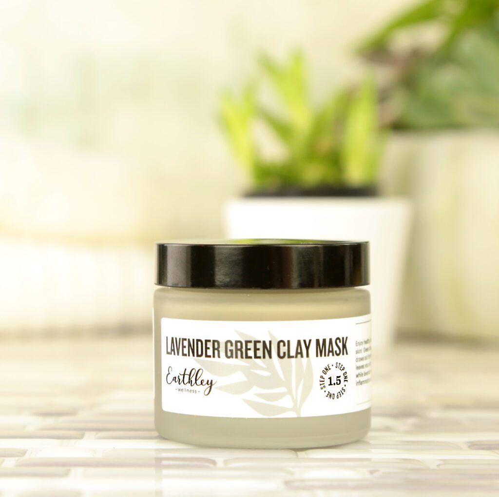 Lavender Green Clay Mask jar with gray-green cream and Step One skincare label