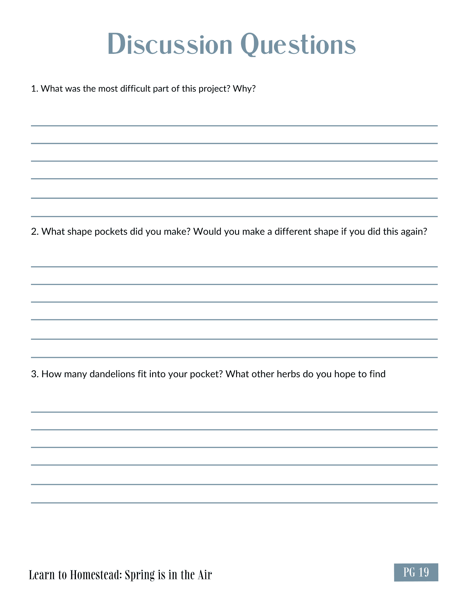 Earthley Learn to Homestead Spring is in the Air Discussion Questions worksheet page with slate blue header and numbered questions about foraging projects with sage green footer bar on white background