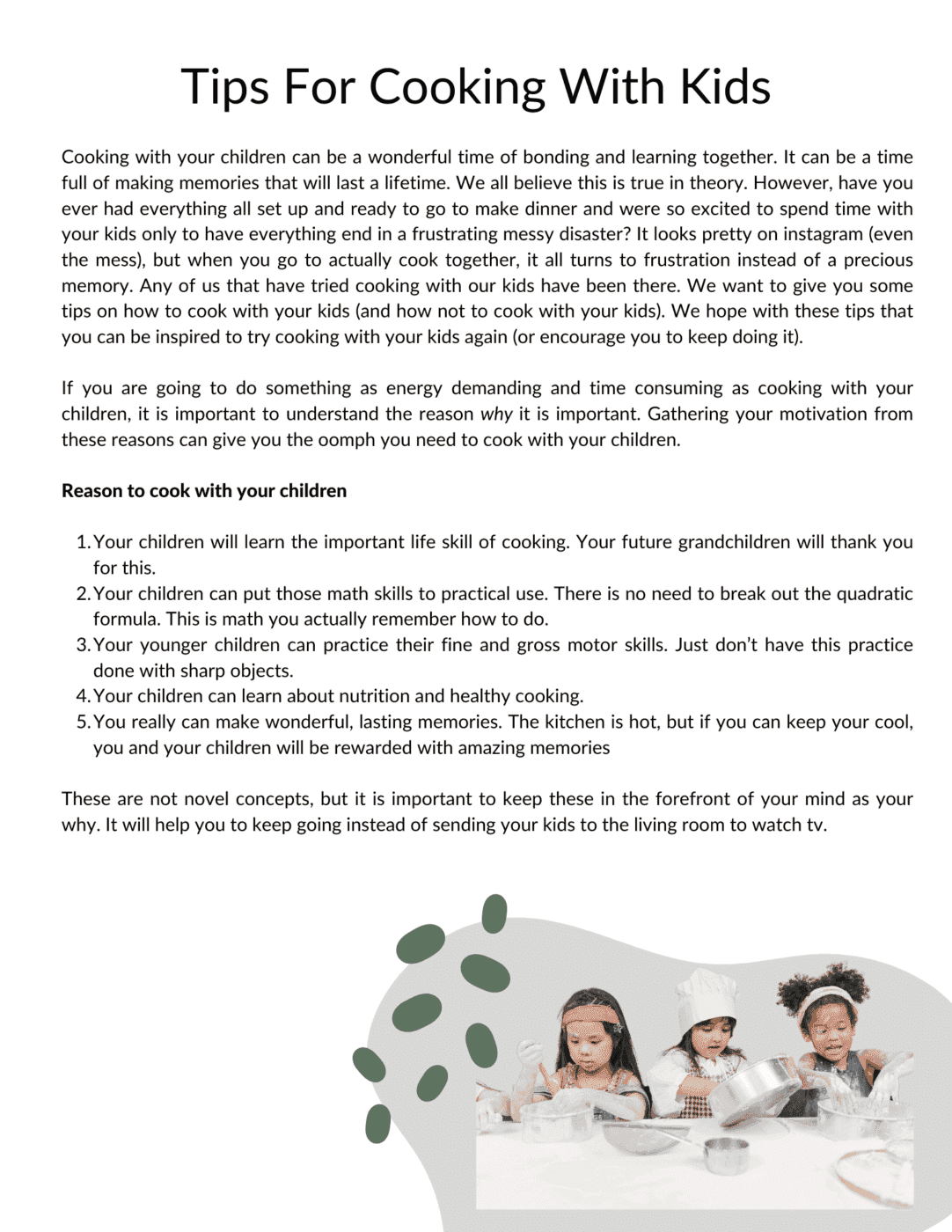 Earthley Tips For Cooking With Kids guide page with gray blue header and numbered list of cooking benefits with photo of child cooking on cream background