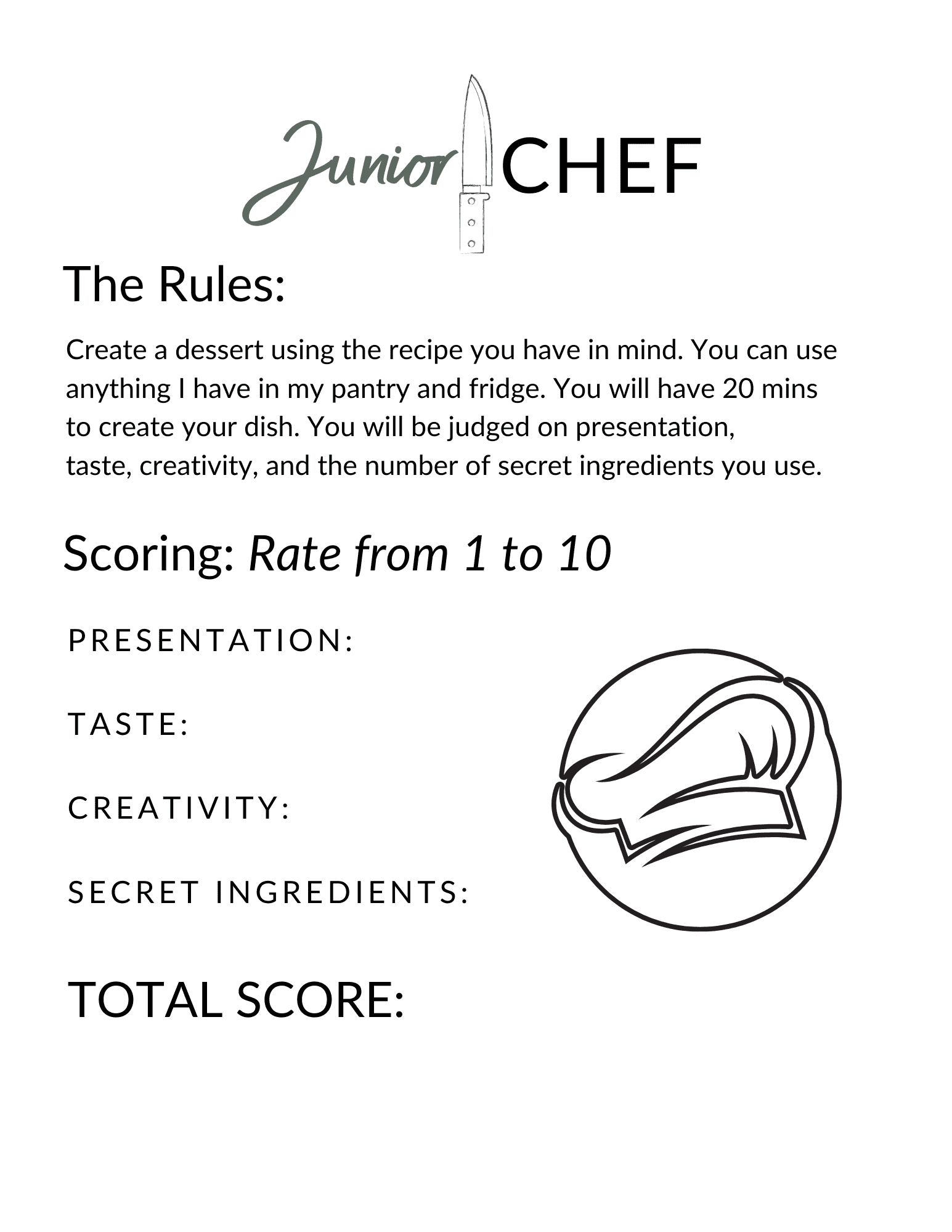 Earthley Junior Chef scorecard worksheet with silver knife illustration showing rules for dessert cooking challenge with scoring categories for presentation taste creativity and secret ingredients on white background