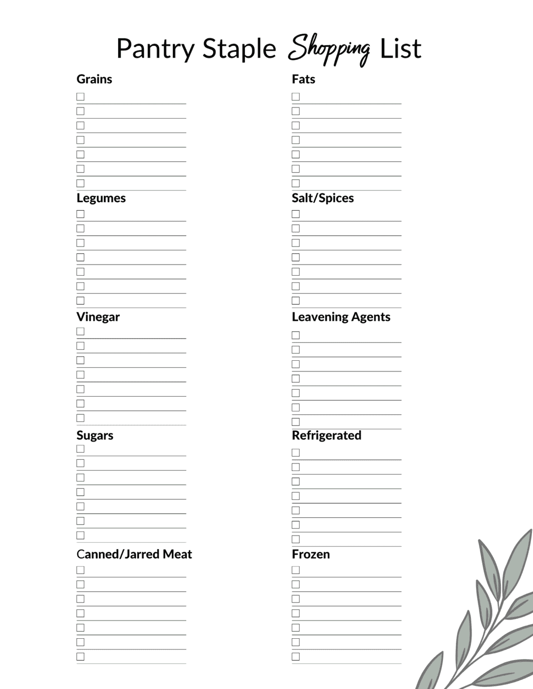 Earthley Pantry Staple Shopping List printable worksheet with checkboxes for Grains Legumes Vinegar Sugars Canned Meat Fats Salt Spices Leavening Refrigerated and Frozen items with sage green leaf illustration on white background
