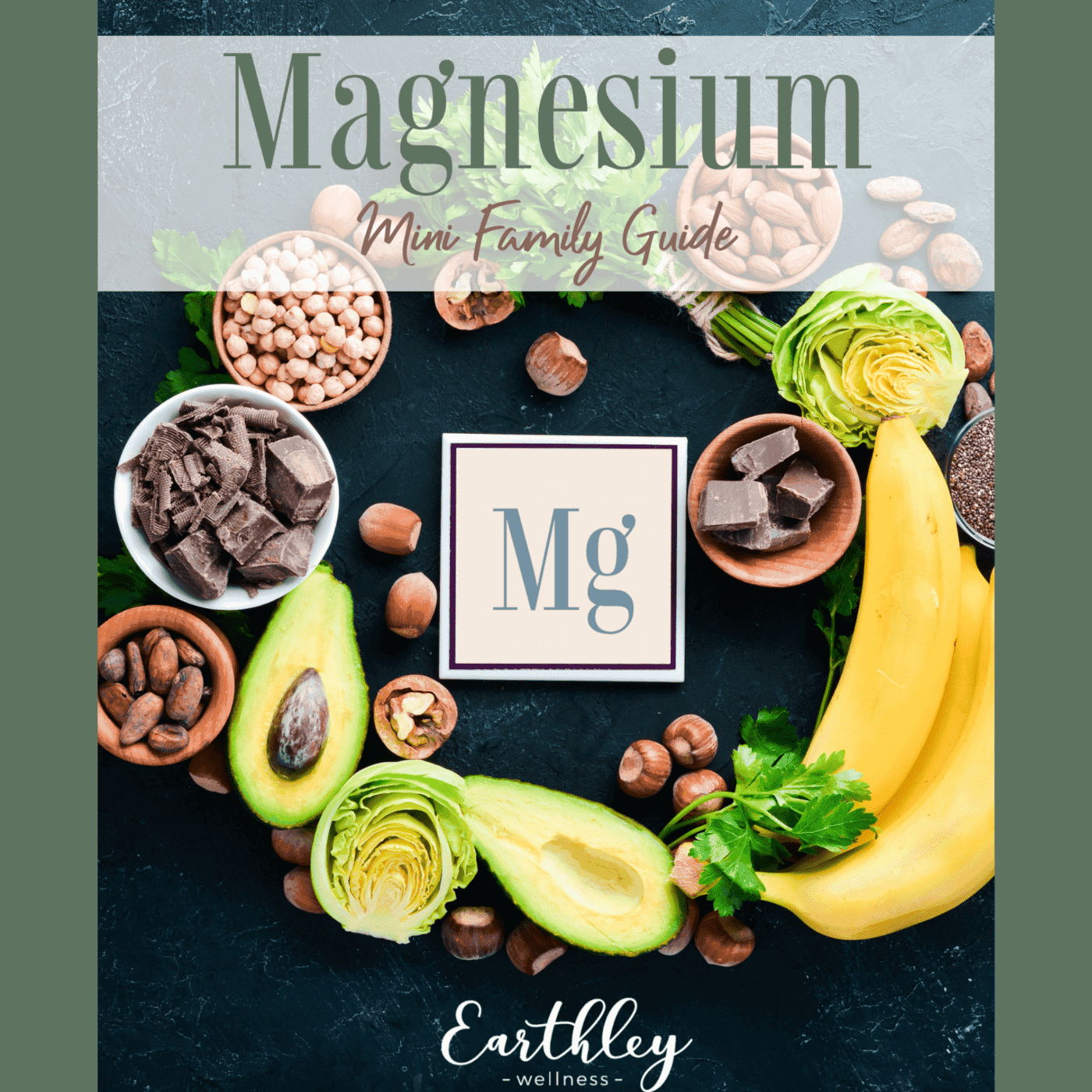 Earthley Magnesium Mini Family Guide cover with purple magnesium supplement photo and sage green border on cream background