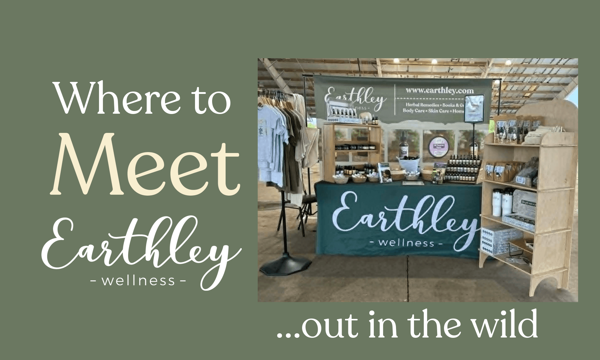 Earthley Wellness booth at outdoor market featuring natural health products, tinctures, and herbal remedies on wooden display shelves