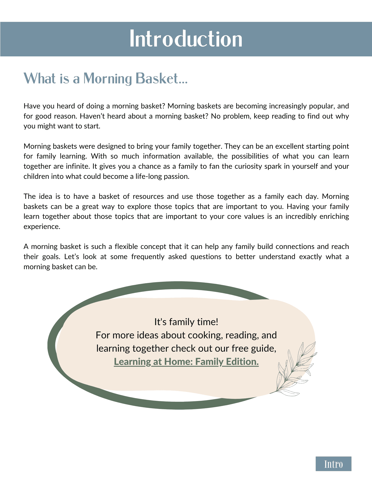 Earthley Morning Baskets Made Simple Introduction page with slate blue header explaining what morning baskets are and family learning benefits with sage green callout box on cream background