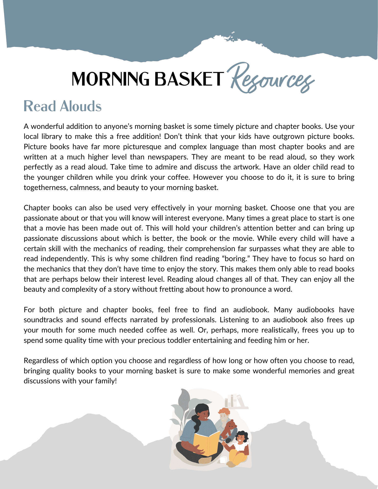 Earthley Morning Basket Resources Read Alouds guide page with slate blue header and snowflake illustrations explaining picture books and chapter books for family reading on cream background