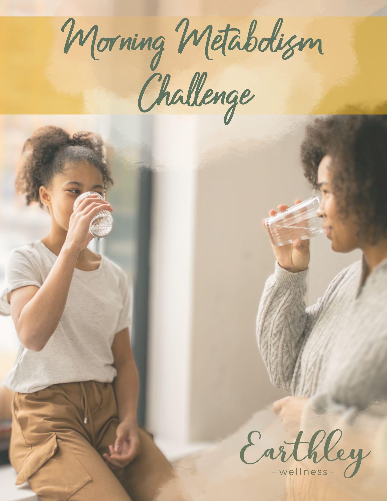 Earthley Morning Metabolism Challenge guide cover showing colorful fresh fruits vegetables and healthy breakfast foods on bright white background