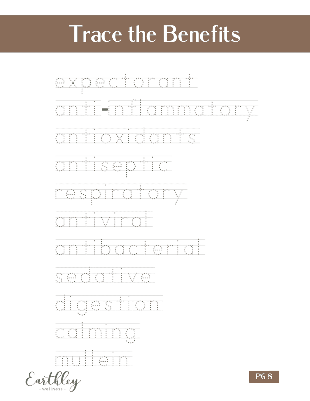 Earthley Trace the Benefits activity worksheet page with brown header and dotted tracing words including expectorant anti-inflammatory antioxidants respiratory and sedative on cream background