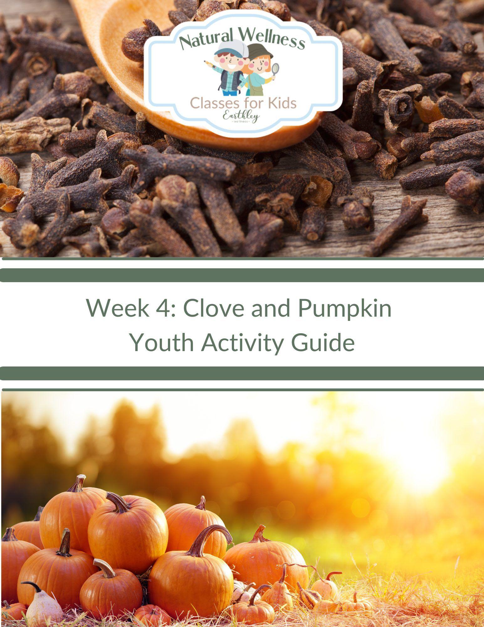 Natural Wellness Classes for Kids Week 4 Clove and Pumpkin Youth Activity Guide cover featuring dark brown dried cloves in tan wooden spoon on dark brown surface and bright orange pumpkins in golden sunlit field with Natural Wellness Classes for Kids cartoon explorer logo