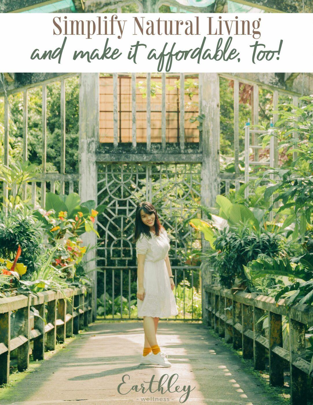 Earthley Simplify Natural Living guide cover showing woman in cream dress and yellow socks standing in lush green greenhouse conservatory with tropical plants