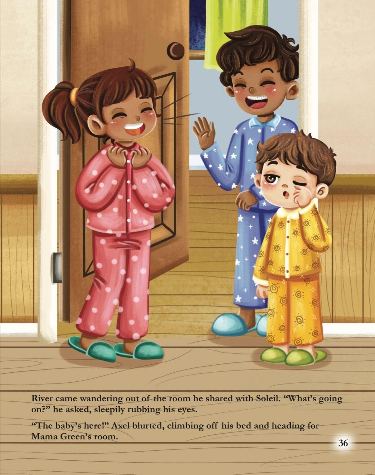 Page 36 from The Green Family and the New Baby children's book showing illustrated children in pajamas excited about new baby arrival