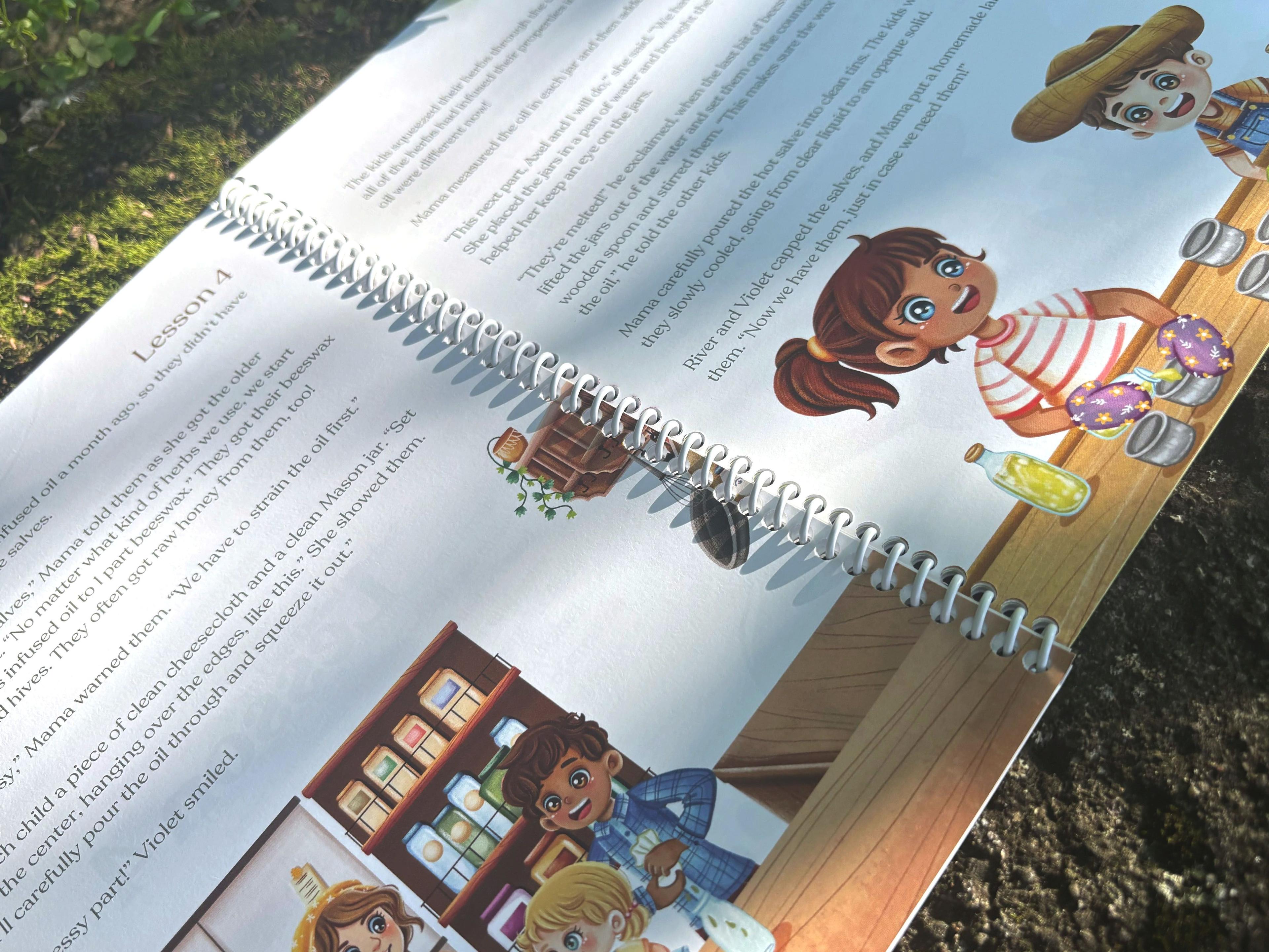 The Green Family Backyard Salves childrens book Lesson 4 page spread showing illustrated diverse family making herbal salves with Mason jars and straining cheesecloth