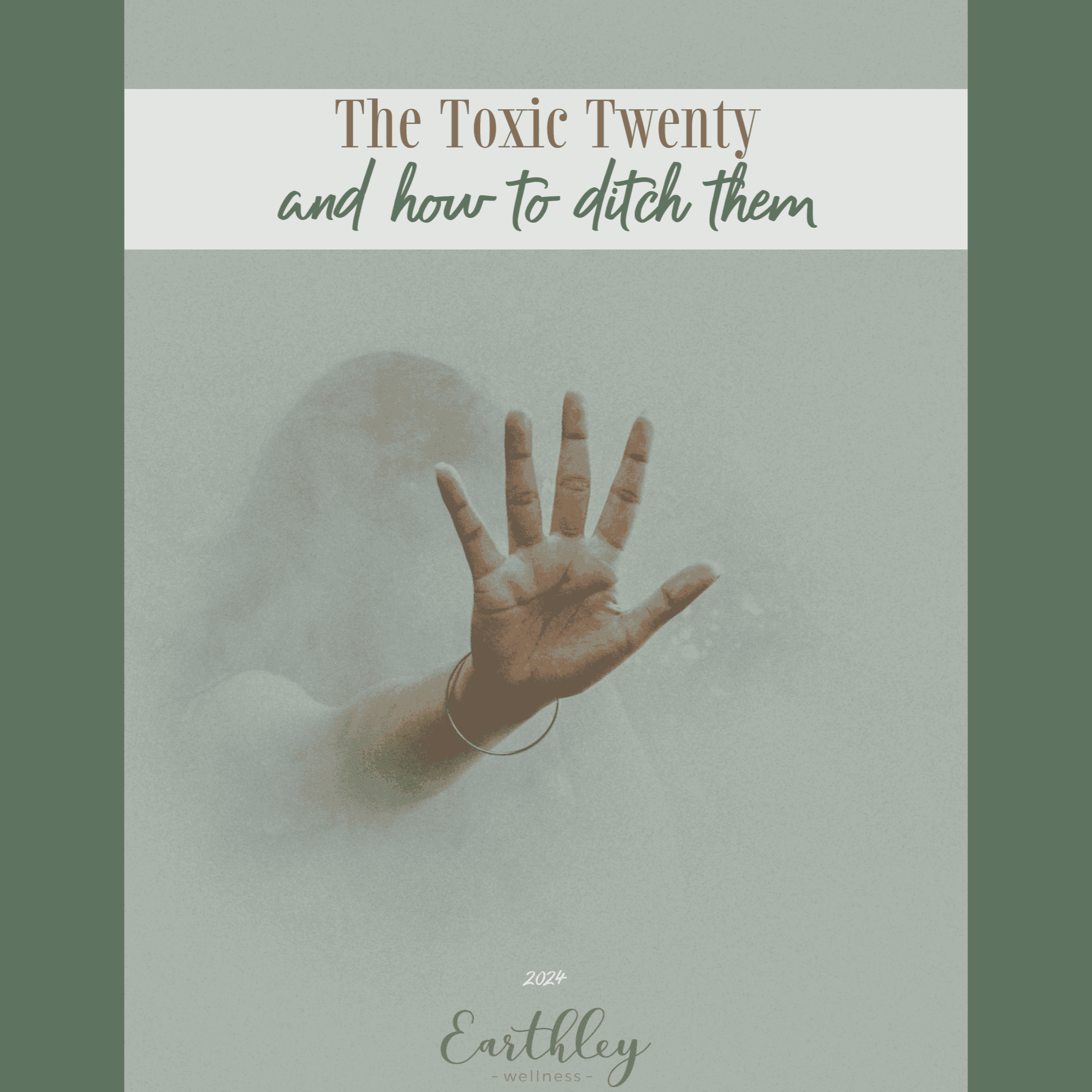 Earthley Toxic Twenty guide cover with sage green background showing household toxin information