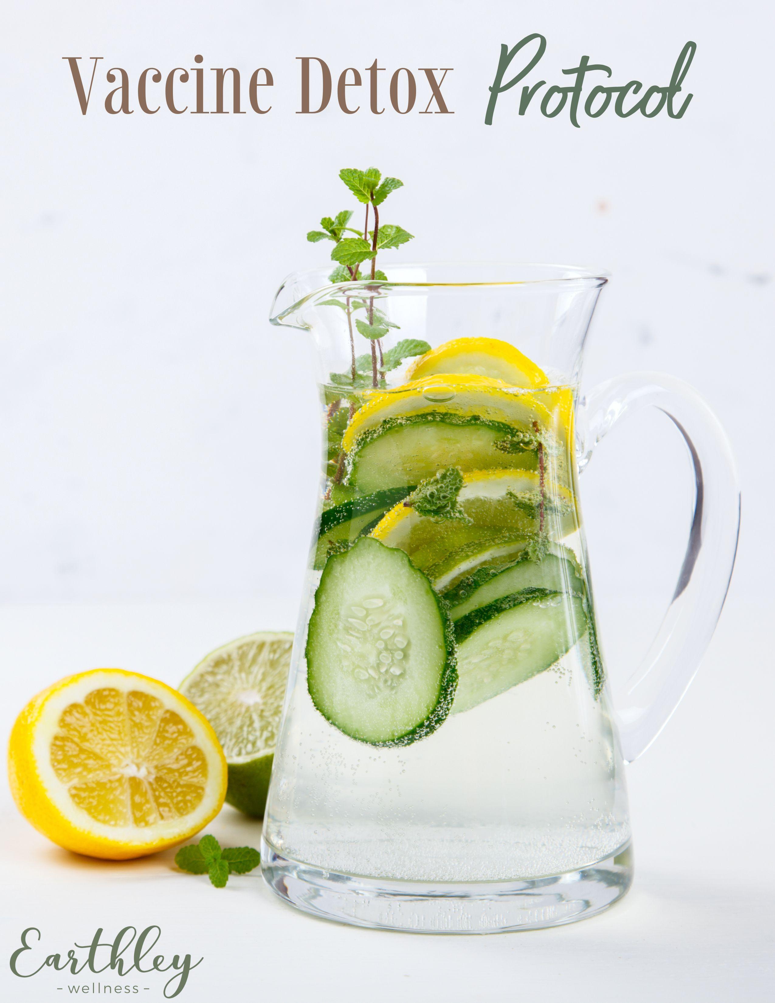 Vaccine Detox Protocol ebook cover showing glass pitcher of infused water with cucumber lemon lime and mint