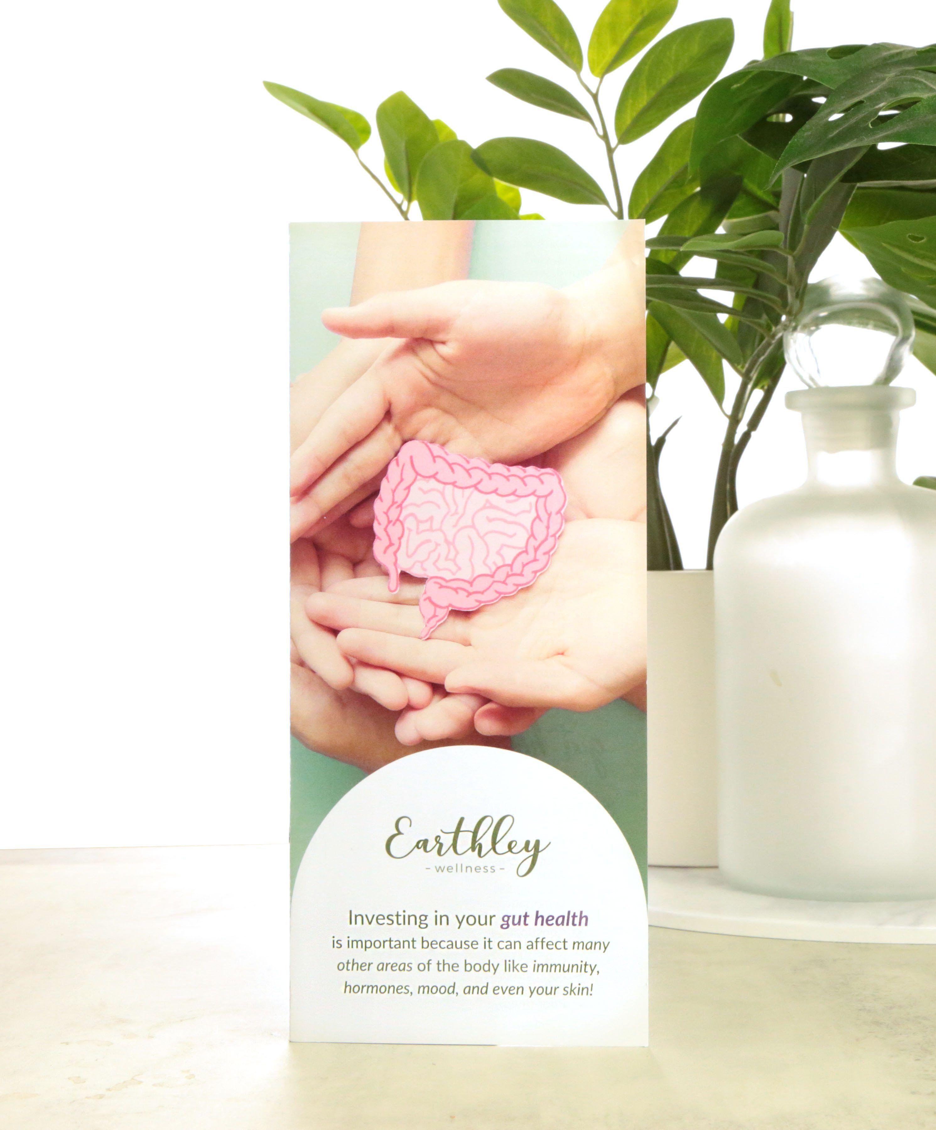 Earthley gut health brochure front cover featuring pink intestine illustration held by cupped hands on mint green background with white curved panel containing Earthley logo and gut health message with green plants and clear glass vase in background