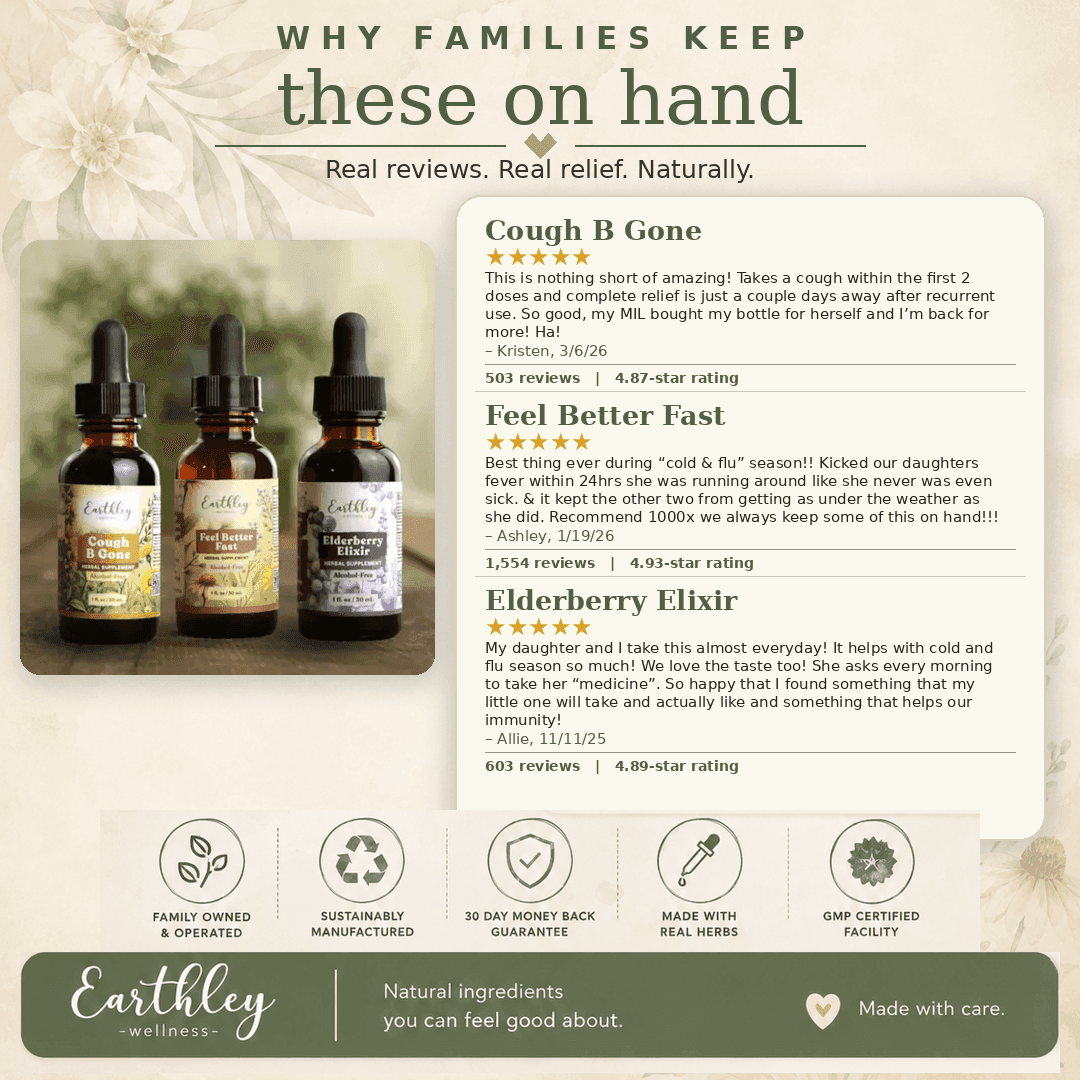 Three Earthley herbal tinctures—Cough B Gone, Feel Better Fast, Elderberry Elixir—with 5-star reviews